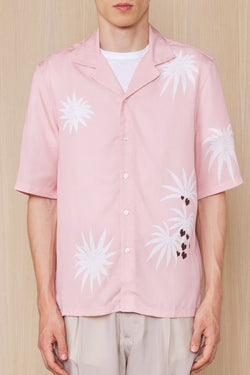Eren Short Sleeve Palm Tree Shirt in Smoked Pink/White