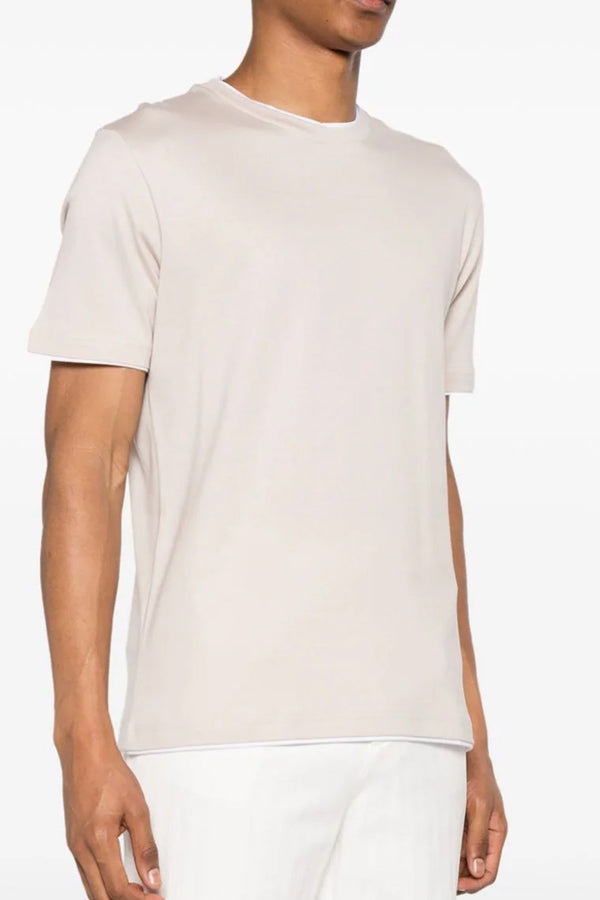 Giza T-Shirt W/ Ivory Tipping Around Collar in Sand-White