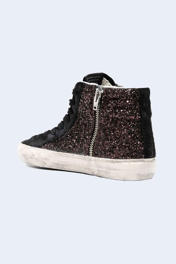 Women's Slide Glitter Upper Suede Toe And List Leather Star And Wave Sneaker in Coffee Brown/Black/Silver