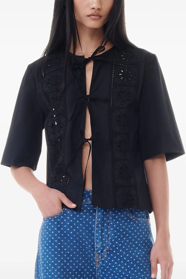 Broderie Anglaise Tie Blouse in Black