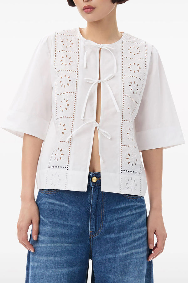 Broderie Anglaise Tie Blouse in Bright White