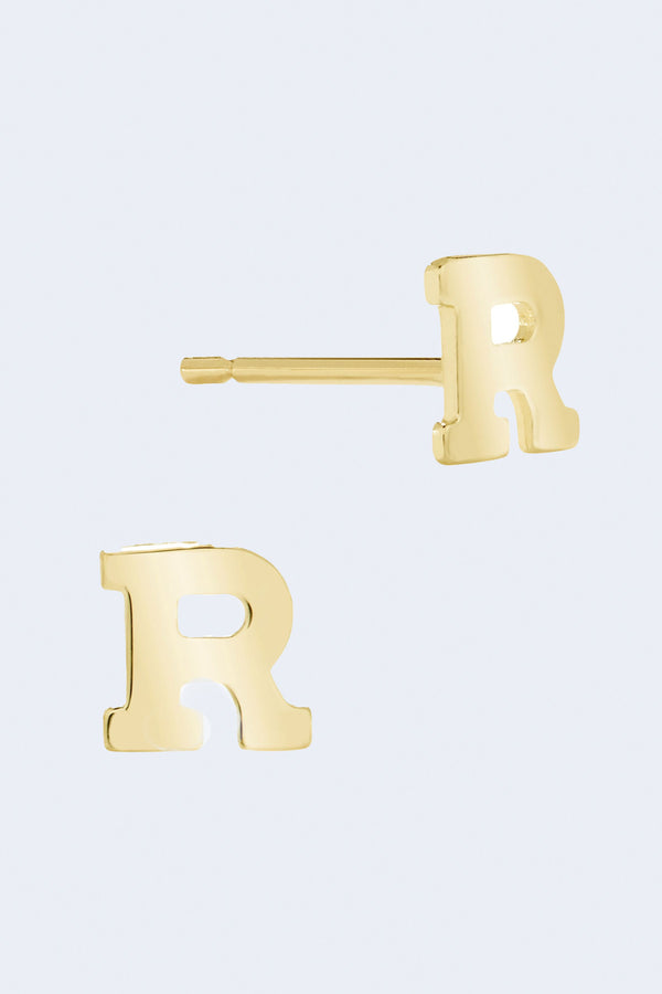 Letter R Initial Stud Single Earring in Yellow Gold