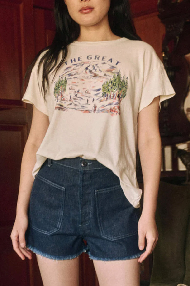 The Boxy Crew W/ Woody Trail Graphic in Washed White