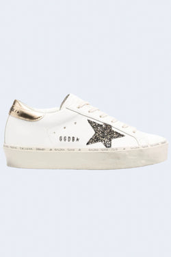 Women's Hi Star Leather Upper Glitter Star Laminated Heel Metal Lettering Sneakers in White Black Gold