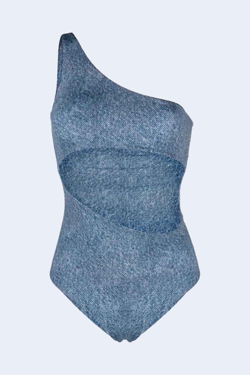 One Shoulder Cut Out Denim Print Swimsuit in Blue