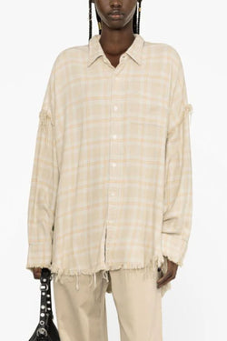 Shredded Seam Drop Neck Shirt in Khaki Overdye Plaid