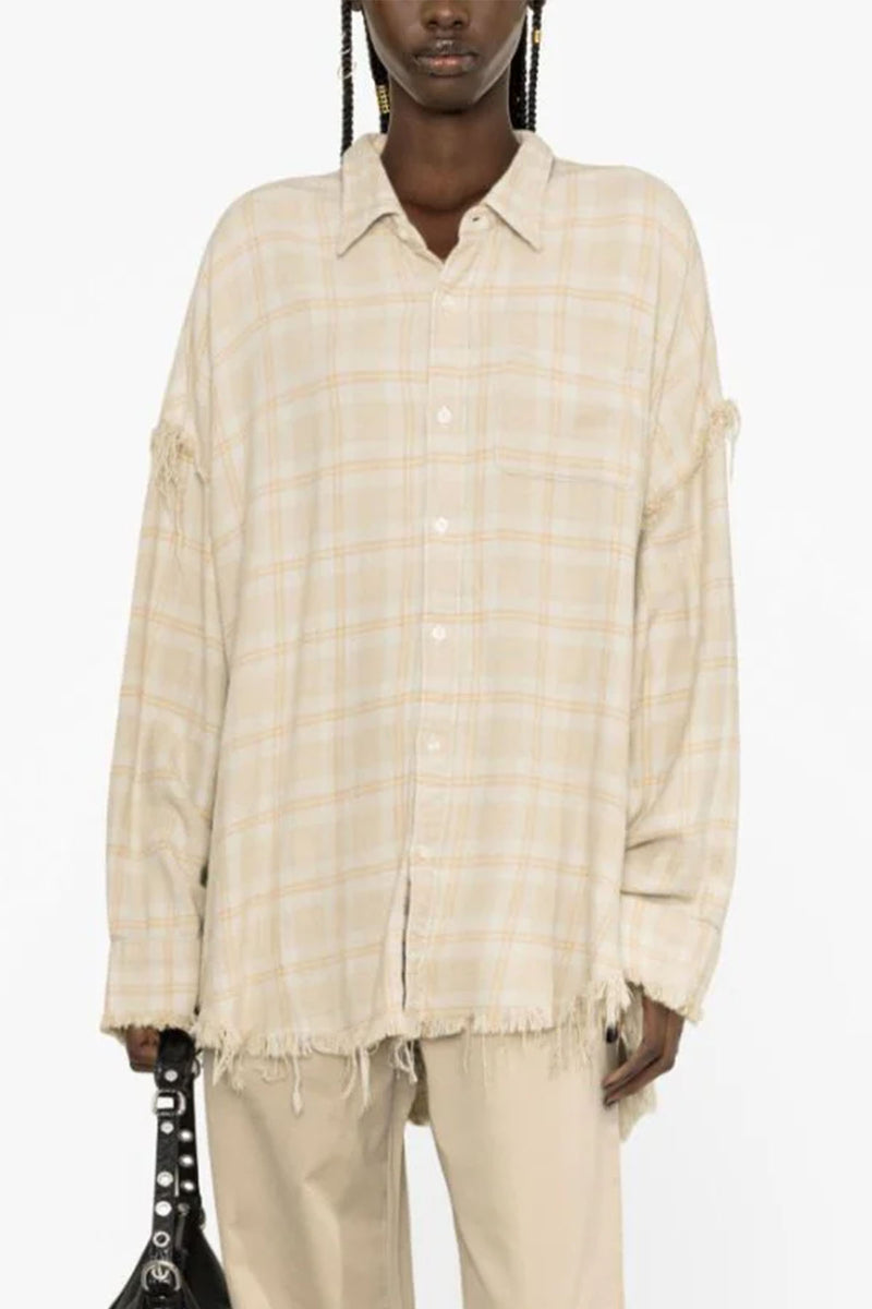 Shredded Seam Drop Neck Shirt in Khaki Overdye Plaid