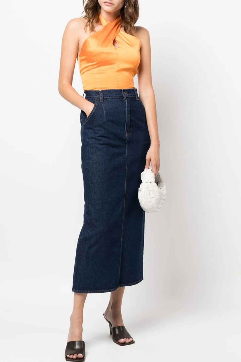 Denim Maxi Skirt in Navy