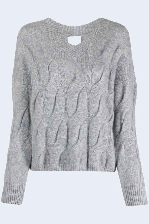 V-Neck Cable Knit Sweater in Grey
