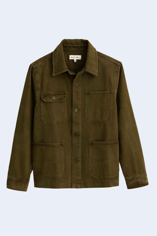 Garment Dyed Recycled Denim Work Jacket in Military Olive