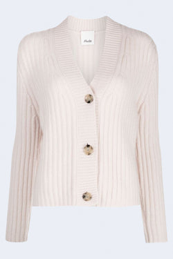 Ribbed V-Neck Cashmere Cardigan in Chalk