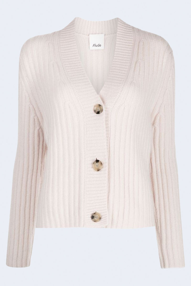 Ribbed V-Neck Cashmere Cardigan in Chalk