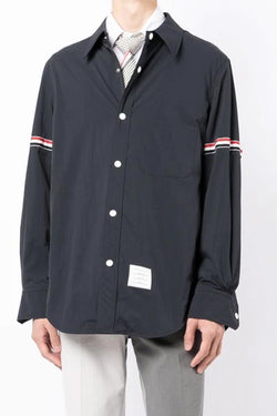 Snap Front Grosgrain Armband Nylon Shirt Jacket in Navy