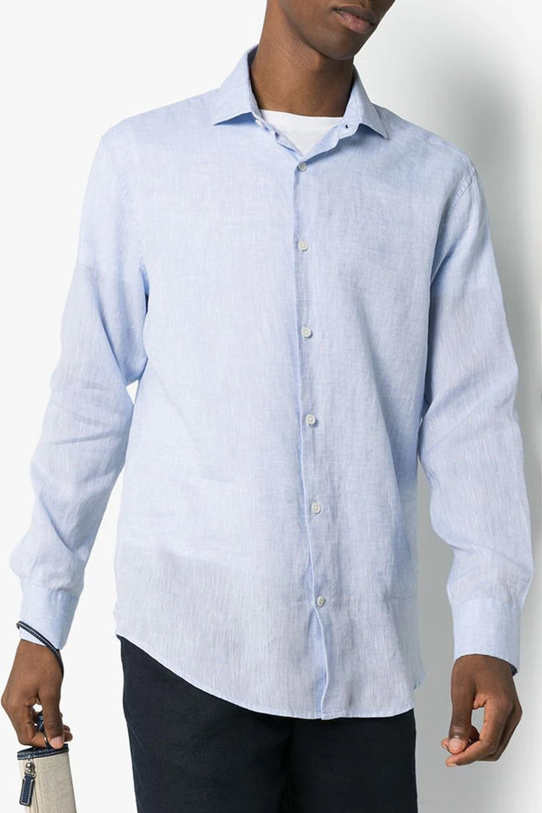 Antonio Linen Regular Long Sleeve Block Shirt in Baby Blue