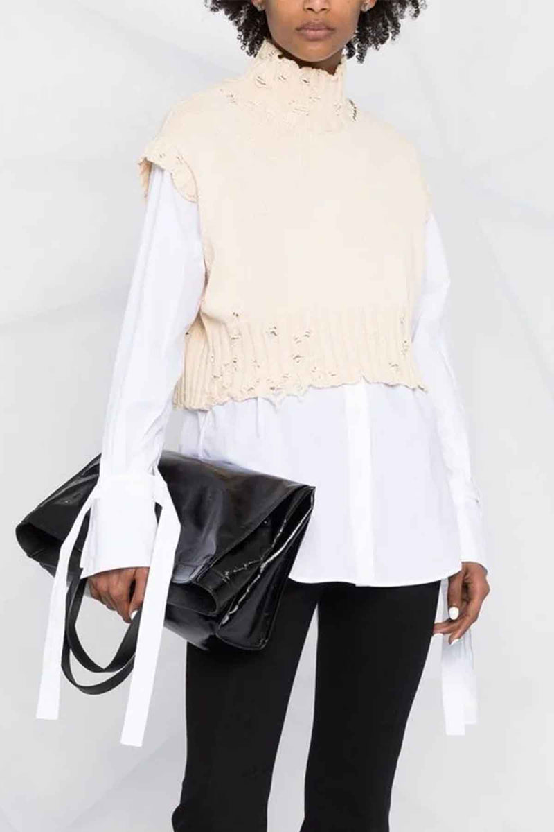 Distressed Sleeveless Turtleneck  in Off White
