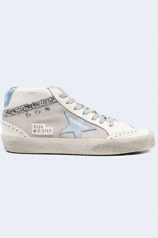 Women's Mid Star Net And Leather Upper Leather Star Hell With Glitter Wave in White/Silver/Blue Fog