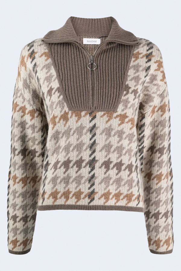 Luxe Houndstooth Jacquard Quarter Zip Jacket in Oatmeal Combo