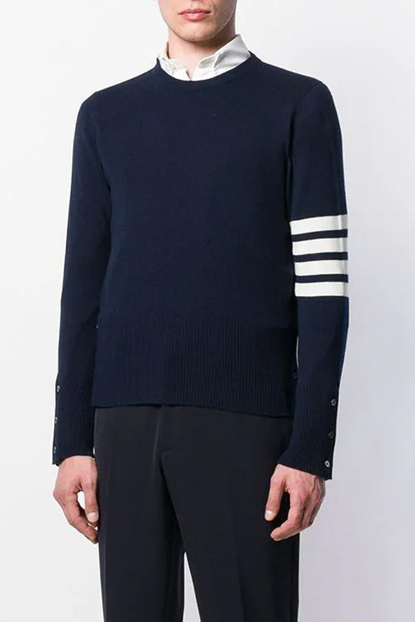 Classic White 4 Bar Stripe Cashmere Crew Pullover in Navy