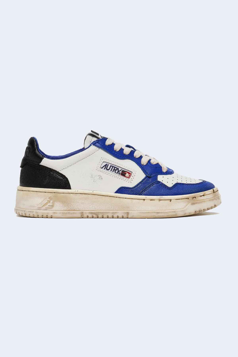 Men's Super Vintage Low Man Leather Sneaker in White Blue Black