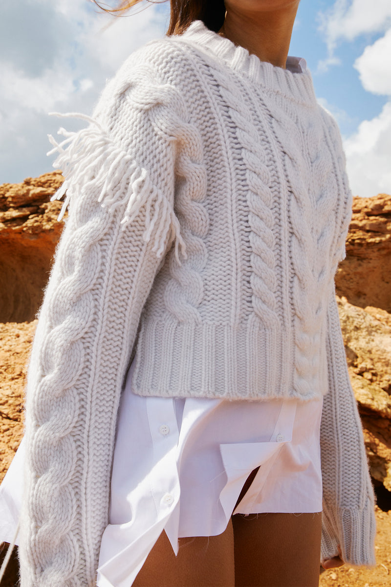 Rive Gauche Fringe Sweater in White
