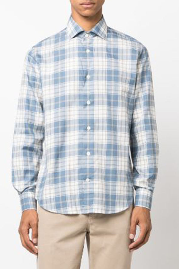 Cotton Checkered Sport Shirt in Denim