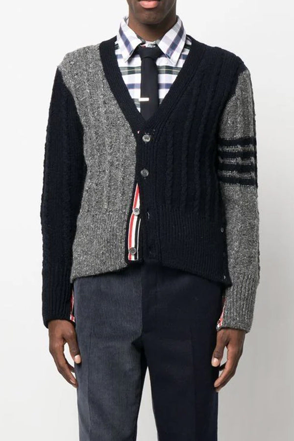 Fun Mix Bicolor Twist Cable Classic V Neck Cardigan In Donegal W/ 4 Bar Stripe in Med Grey
