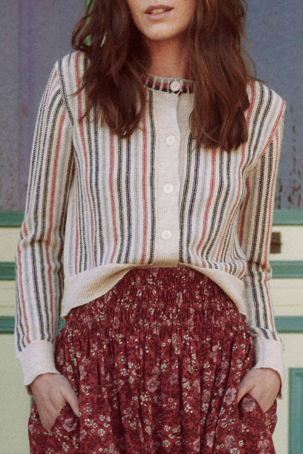The Tiny Cardigan in Cream Ticking Stripe
