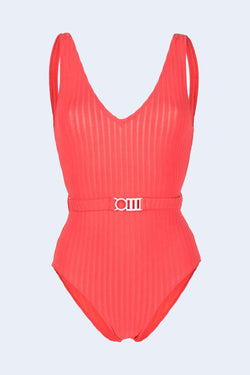 The Michelle Belt One Piece Swimsuit in Coral Orange