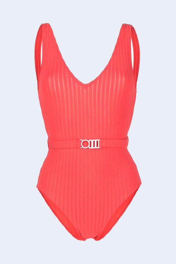 The Michelle Belt One Piece Swimsuit in Coral Orange