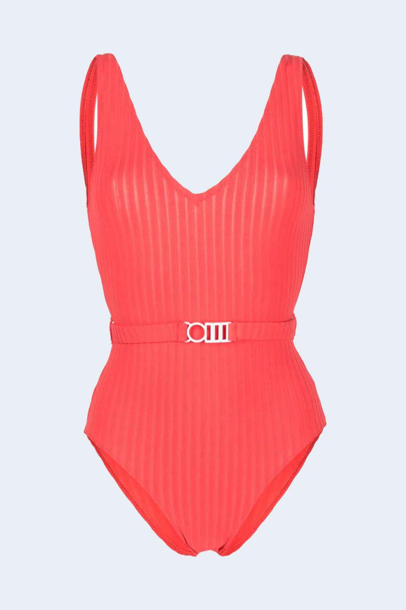 The Michelle Belt One Piece Swimsuit in Coral Orange