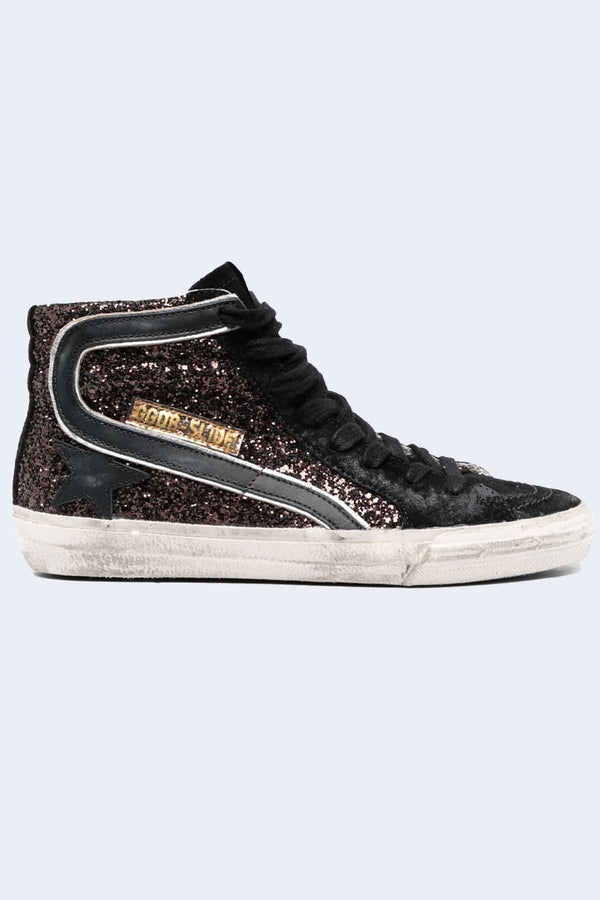 Slide Glitter Upper Suede Toe And List Leather Star And Wave Sneaker in Coffee Brown/Black/Silver