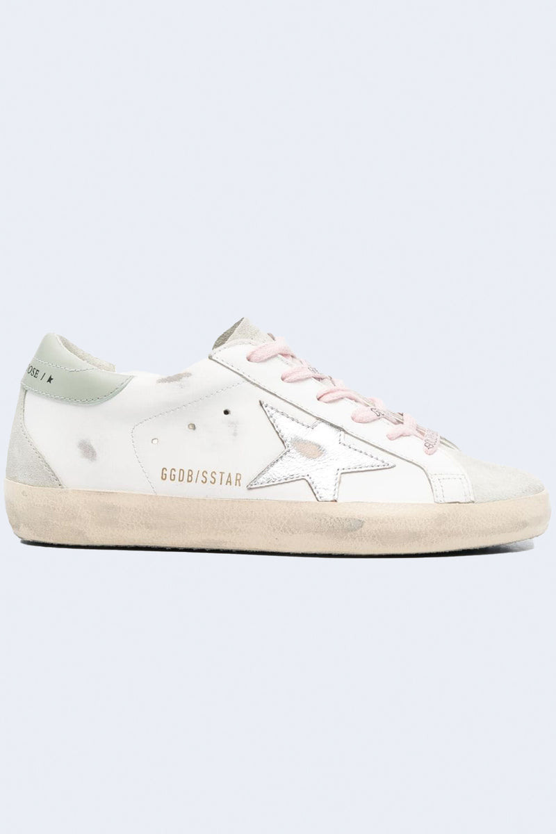 Women's Super-Star Leather Upper And Heel Suede Toe And Spur Laminated Star Sneaker in White/Ice/Silver/Aquamarine