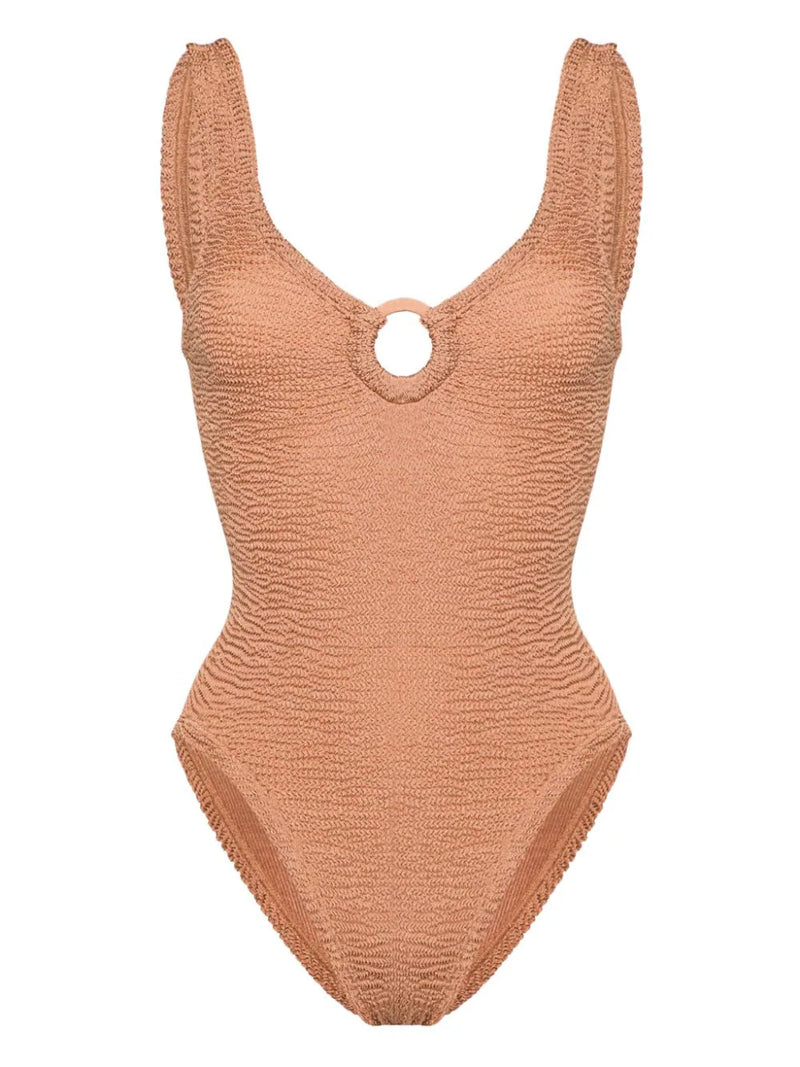Celine Swim With Fabric Covered Hoops in Metallic Cocoa