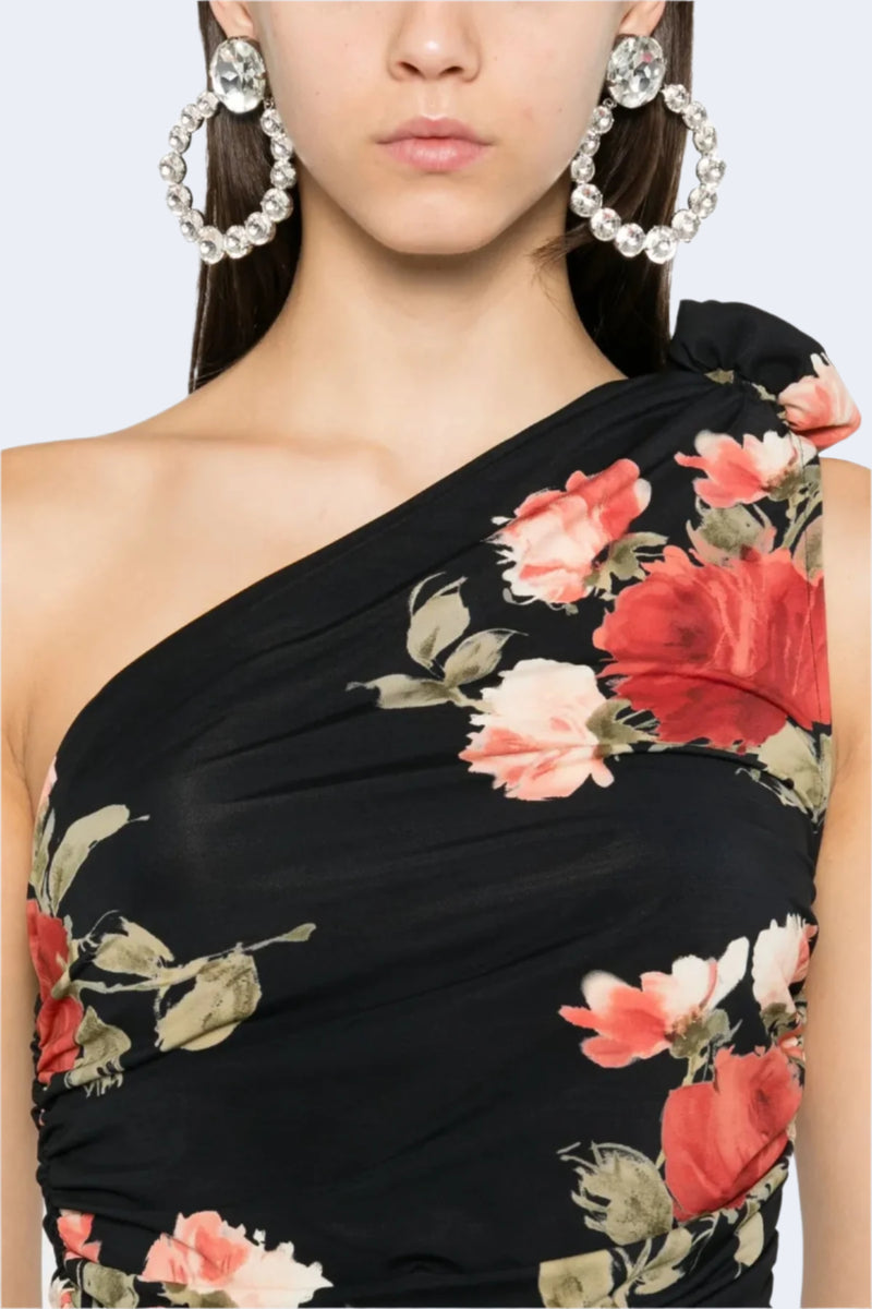 Asymmetric Sleeveless Top in Black Floral Print