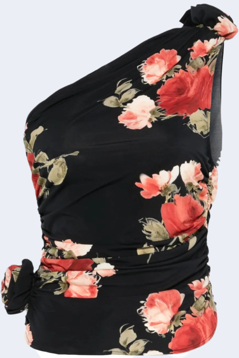 Asymmetric Sleeveless Top in Black Floral Print