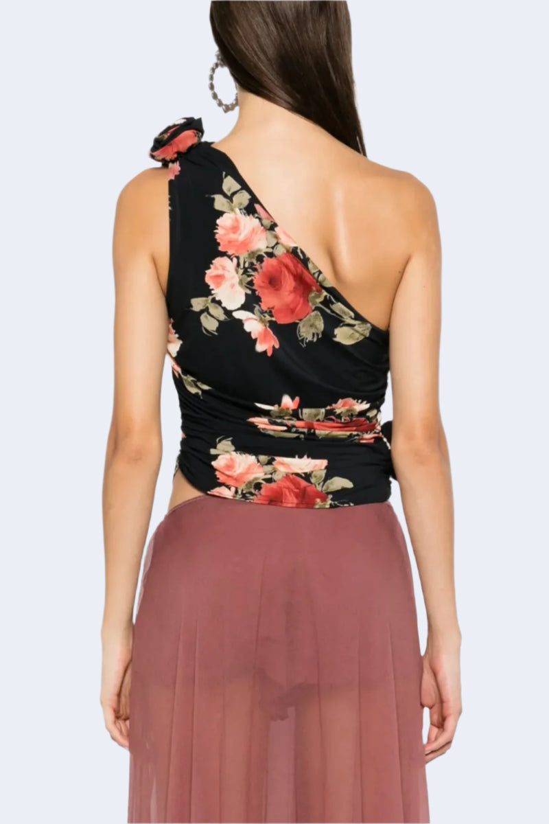 Asymmetric Sleeveless Top in Black Floral Print