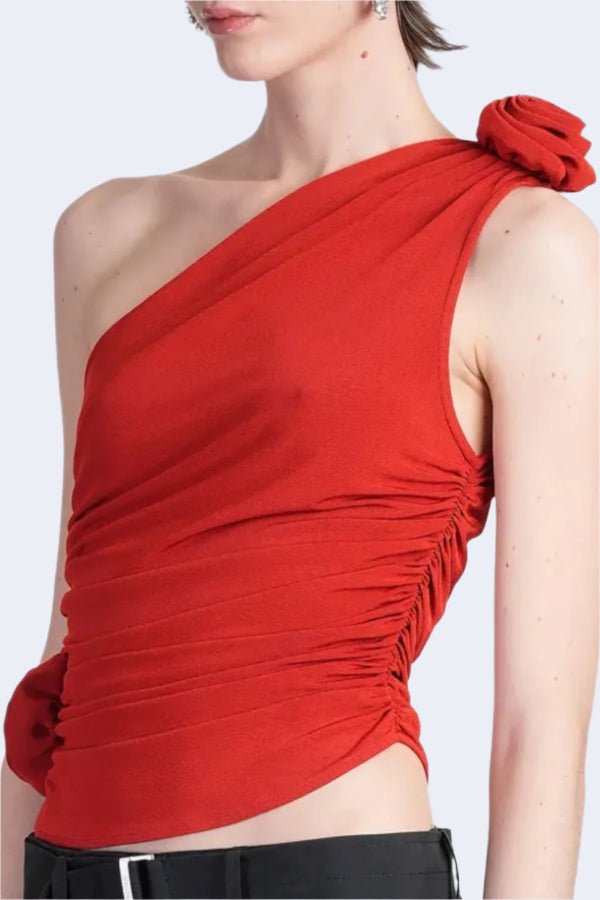One Shoulder Flower Top in Red