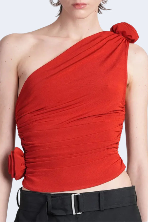One Shoulder Flower Top in Red
