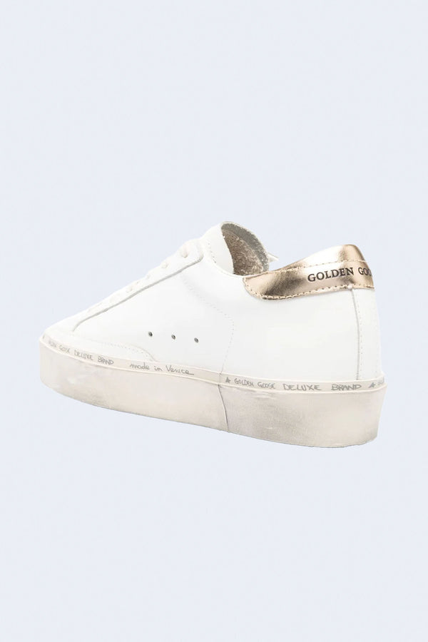 Hi Star Leather Upper Glitter Star Laminated Heel Metal Lettering Sneakers in White Black Gold