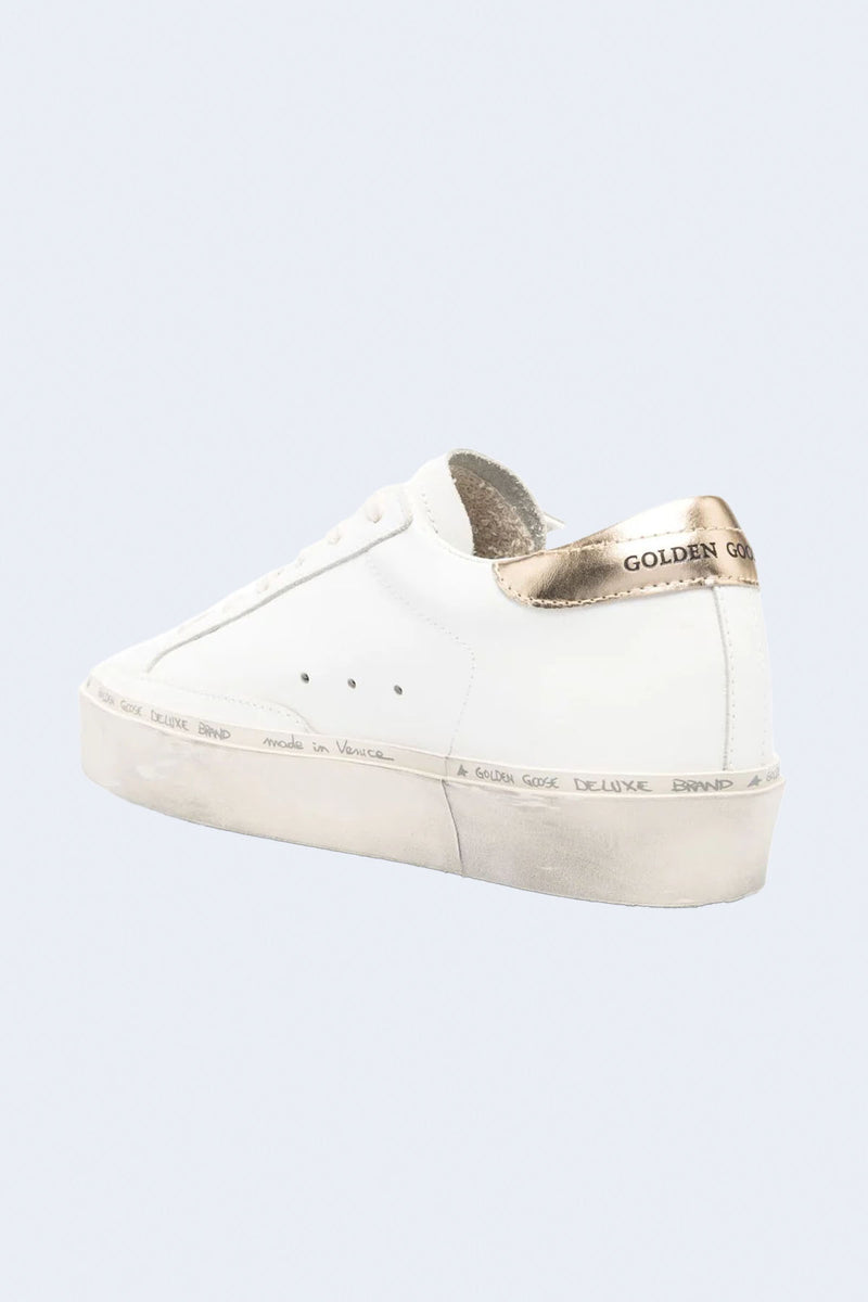 Women's Hi Star Leather Upper Glitter Star Laminated Heel Metal Lettering Sneakers in White Black Gold