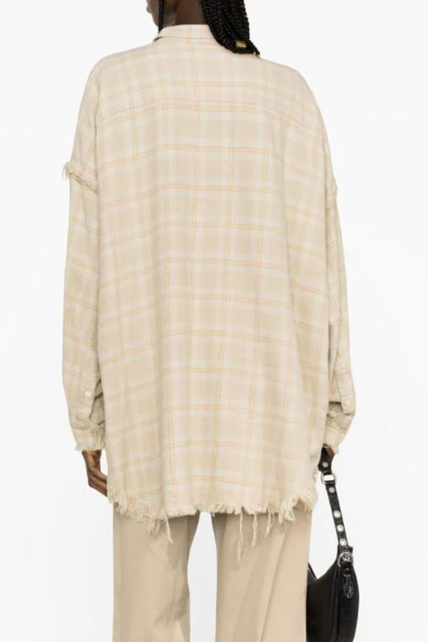 Shredded Seam Drop Neck Shirt in Khaki Overdye Plaid