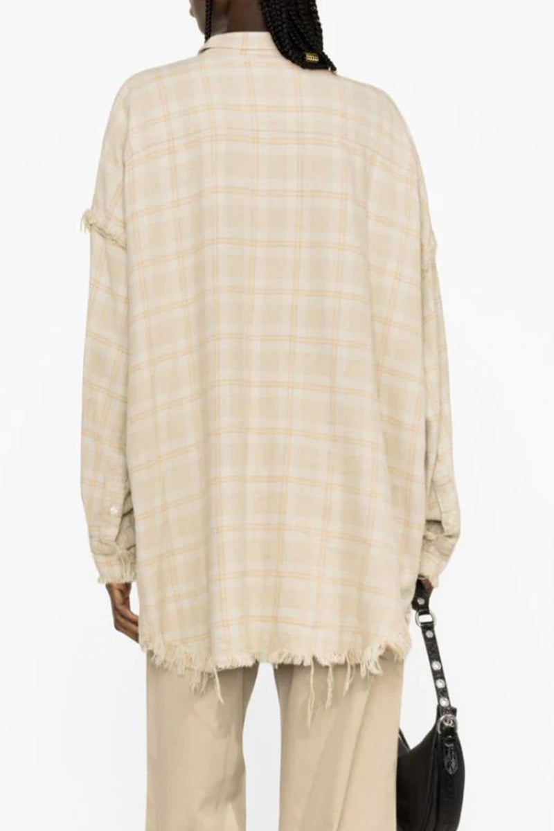 Shredded Seam Drop Neck Shirt in Khaki Overdye Plaid