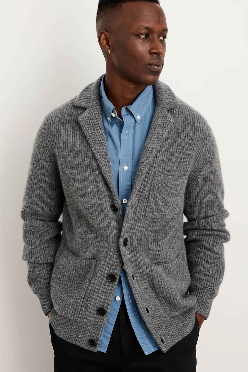 Mitchell Ribbed Cardigan In Cashmere in Heather Pewter