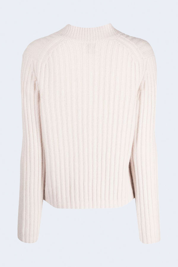 Ribbed V-Neck Cashmere Cardigan in Chalk