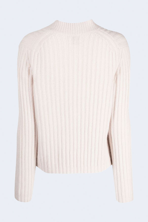 Ribbed V-Neck Cashmere Cardigan in Chalk