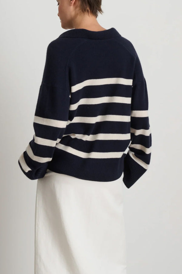 Isa Striped Polo Cashmere Pullover in Navy/White