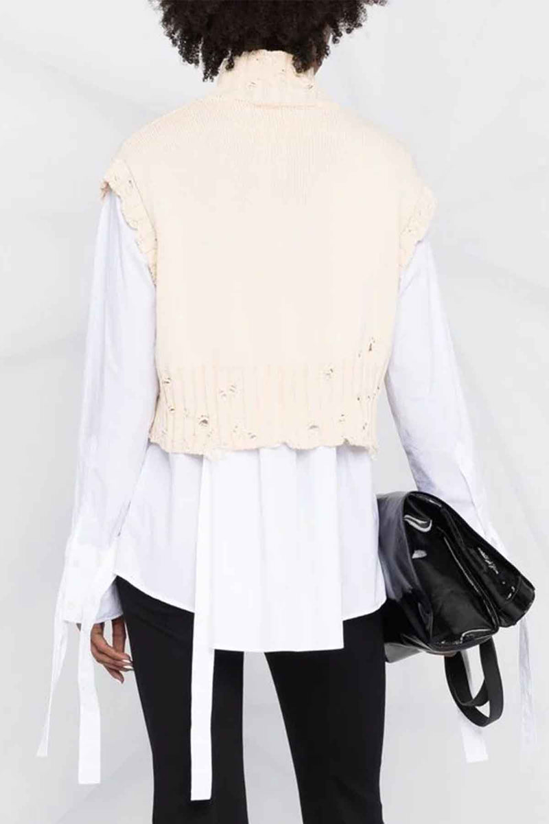 Distressed Sleeveless Turtleneck  in Off White