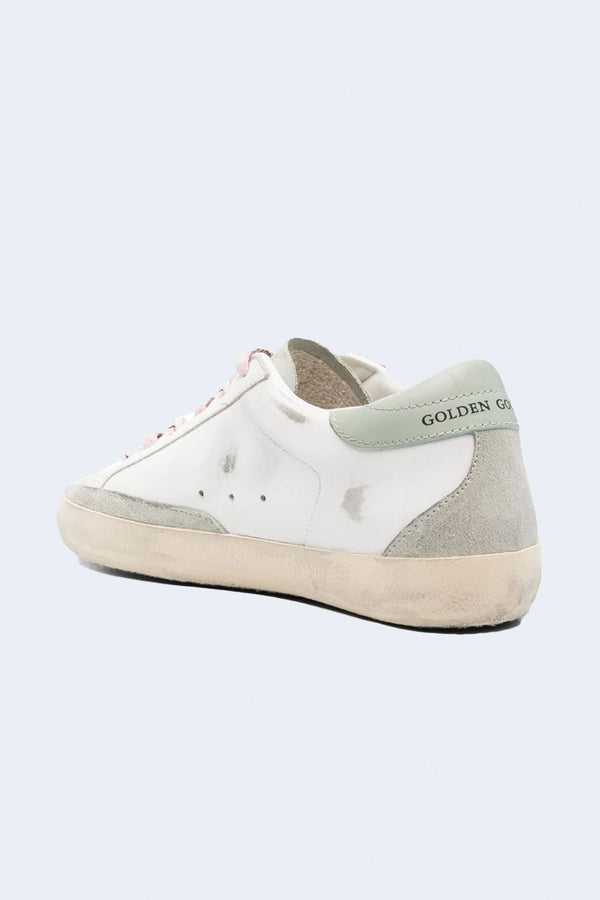 Women's Super-Star Leather Upper And Heel Suede Toe And Spur Laminated Star Sneaker in White/Ice/Silver/Aquamarine