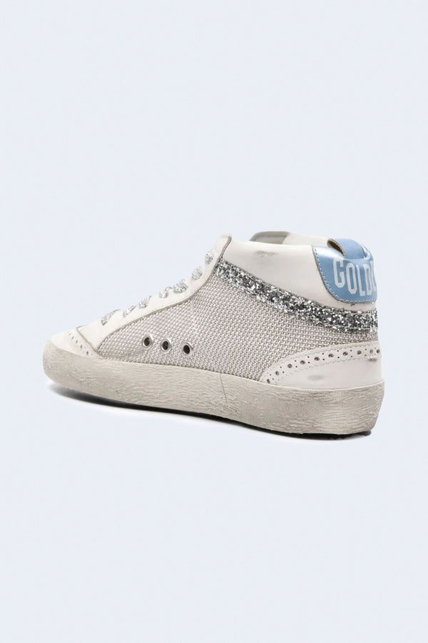 Women's Mid Star Net And Leather Upper Leather Star Hell With Glitter Wave in White/Silver/Blue Fog