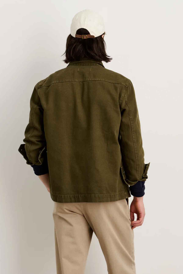 Garment Dyed Recycled Denim Work Jacket in Military Olive